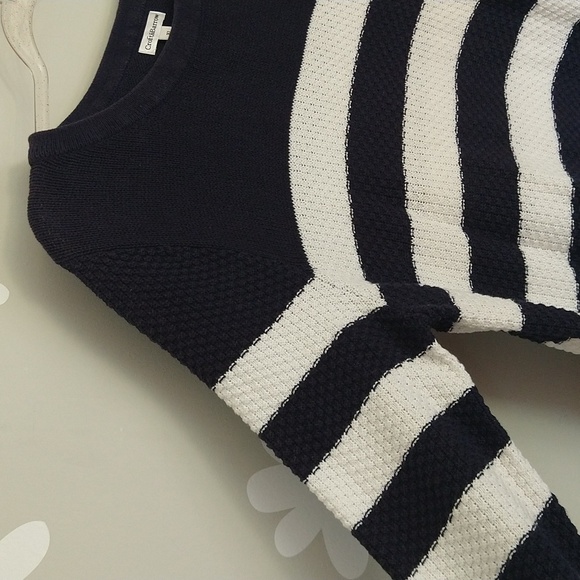 Croft & Barrow Navy & White Striped 100% Cotton Knit 3/4 Sleeve Cuffed Sweater - Picture 5 of 11